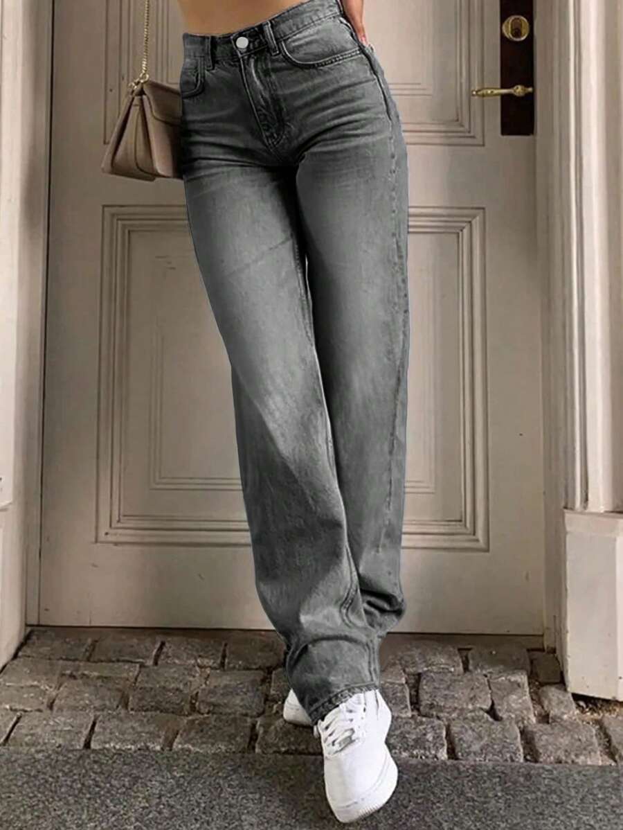 Front Button Pocket Casual Simple Slim Straight Leg Jeans - Grey - View 1