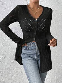 EMERY ROSE Women V-Neck Hollow Thin Knitted Short Cardigan, Korean Design Fall Winter Cloth For Women - Black - View 5