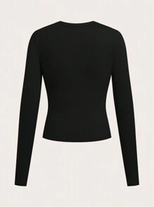 SHEIN BASICS 经典圆领长袖修身女式针织 T 恤 - 黑色 - 查看 2