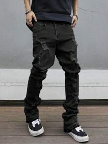 Manfinity Roughcore Quần jean denim trơn dáng ôm ống loe dài đến đầu gối cho nam, màu sắc Grunge - màu đen - Xem 8