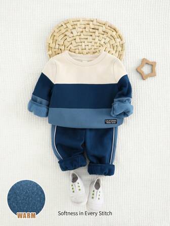 Cozy Pixies 2pcs Baby Boy Jacquard Contrast Color Round Neck Long Sleeve Hoodie And Ankle Banded Long Pants Set