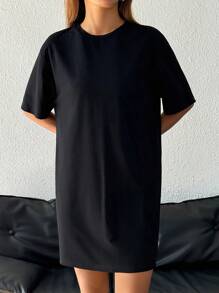 SHEIN EZwear Casual Loose Round Neck Short Sleeve Short Women's Summer Dress,Dresses For Women Summer Suitable For Going Out Chic Dress - Black - View 5