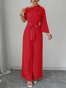 Elenzga 优雅女士纯色拼接多层荷叶边单肩喇叭袖宽松连体裤