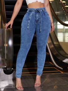 Women's Skinny Jeans With Frayed Waist, Belt And Butt Lifter