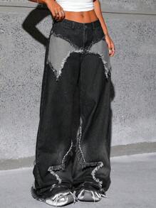 SHEIN Tall 5-Point Star Pocket Front Button Casual Frayed Hem Wide Leg Jeans - Black - View 6