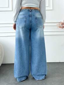 EURMUSE JEANS ANCHOS DE CINTURA MEDIA DE TALLA GRANDE - Azul lavado medio - Ver 2