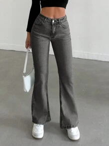 SHEIN PETITE Casual Distressed Slim Fit Flare Leg Jeans - Grey - View 5