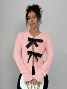 Chiquease Women's Bow Decor Round Neck Long Sleeve Casual Cardigan, Autumn/Winter Fall Cloth For Women - Baby Pink - View 3