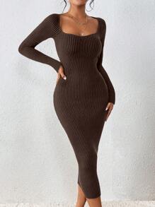 Chiquease Women's Solid Color Sweetheart Collar Long Sleeve Casual Simple Sweater Dress