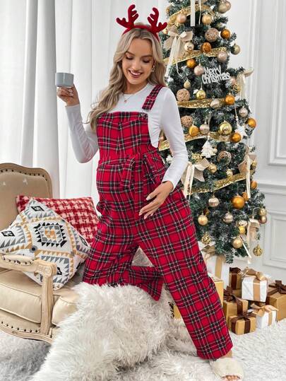 SHEIN Christmas Maternity Plaid Print Belted Overall Jumpsuit Outfit Without Top