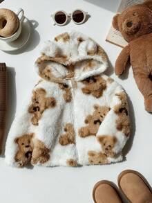 SHEIN 可爱舒适毛绒卡通熊印花连帽夹克，带熊耳朵，适合男婴/女婴，适合秋冬季室内外穿着 - 白色 - 查看 3