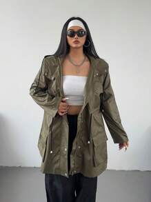 Flirla Plus Size Solid Color Zipper Front Drawstring Waist Pouch Hooded Jacket