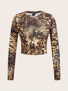 SHEIN Essnce 4pcs Fashionable Leopard Print Casual Round Neck Long Sleeve Slim Fit Women's Basic T-Shirt Women's Round Neck Long Sleeve Fitted All-Match T-Shirt Cropped Tight Fit T-Shirts, Spring & Autumn