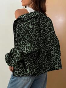 Muchica Leopard Print Zip Up Drop Shoulder Jacket - Army Green - View 2