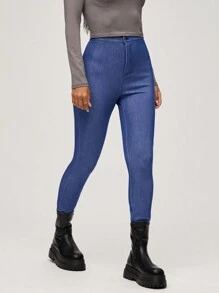 SHEIN BASICS Jeans skinny in vita alta di colore tinta unita, casual, per donna - Blu lavato medio - Visualizzare 1