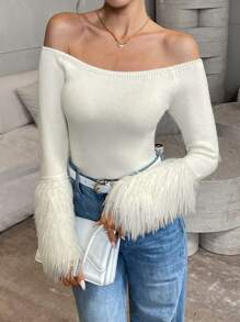 Chiquease Women's Autumn Off Shoulder Furry Patchwork Fitted Sweater, Knit Pullover Fall Winter - Beige - View 5