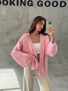 Aloruh 女士极简主义浪漫超大长袖前开粉色开衫 - 粉色 - 查看 7