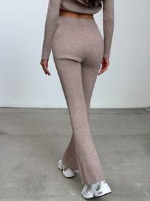 Aloruh 简约通勤立领长袖修腰短款毛衣和高腰喇叭腿长款毛衣裤，女式 2 件套 - 駝色 - 查看 7