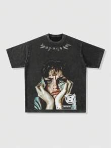 ROMWE MEN Street Life Áo thun nam cổ tròn cổ điển, giặt axit, thích hợp mặc hàng ngày, thường ngày, mùa xuân và mùa hè - màu đen - Xem 1