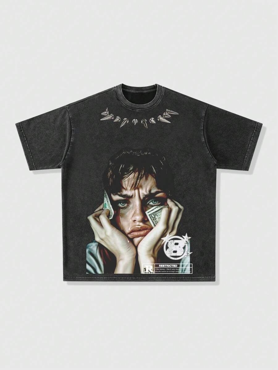 ROMWE MEN Street Life Áo thun nam cổ tròn cổ điển, giặt axit, thích hợp mặc hàng ngày, thường ngày, mùa xuân và mùa hè - màu đen - Xem 1