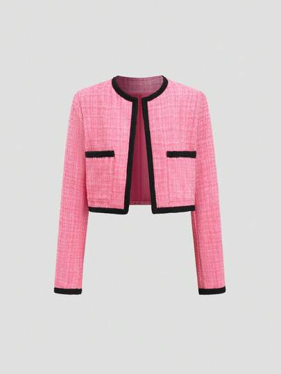 Sweetra Women's Elegant Contrast Binding Pocket Short Jacket