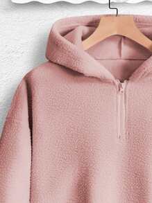 Manfinity Homme Loose Fit Men's Letter Patched Half-Zip Teddy Sweatshirt, Pink Hoodie Men, Pink Zip Up Hoodie Men, Men Pink Quarter Zip Hoodie - Pink - View 5