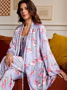 Becci 设计师女士淡紫色花卉印花缎面蝴蝶结睡袍，适合节日穿着