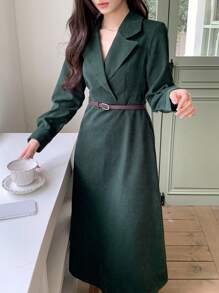 DAZY Women Cross-Wrapped Solid Color Elegant Long Sleeve Midi Dress, Autumn/Winter,Fall Women Clothes