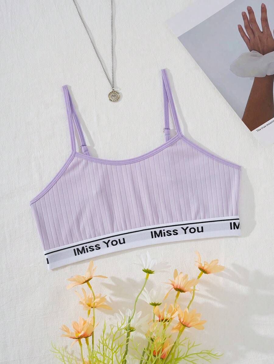 少女字母印花蝴蝶结吊带背心，搭配蕾丝边文胸 - 淡紫色 - 查看 1