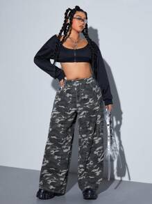 SHEIN ICON Jeans de carga holgados de pierna ancha con estampado de camuflaje de talla grande, pantalones vaqueros para otoño