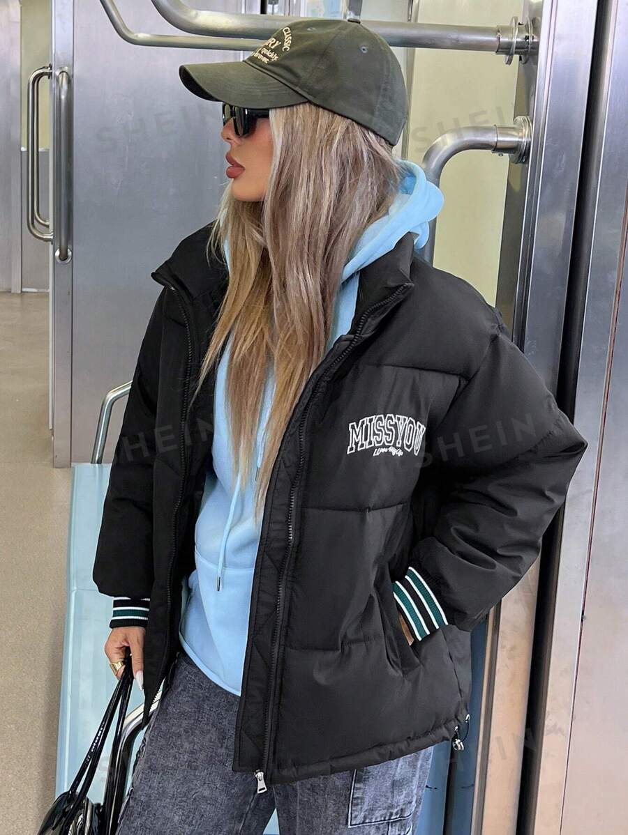 Aveloria Affinna Abrigo acolchado holgado para mujer con diseño de bloque de color, puño estriado, estampado de letras y rayas, para otoño/invierno