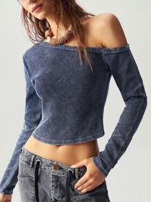 Bohemela Blusa de mujer de manga larga, ajustada, de punto, de unicolor y cuello asimétrico informal - Azul - Ver 5