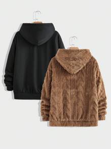 Manfinity VCAY Men Knit Oversized Drop Shoulder Casual Reversible Hooded Sweatshirt, Fall - Multicolor - View 2