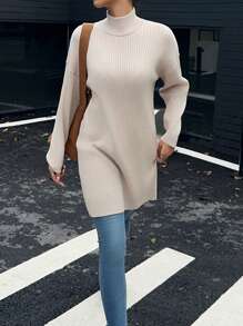 SHEIN EZwear 女式纯色长袖高领罗纹针织休闲连衣裙 - 杏色 - 查看 5