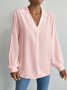 EURMUSE V-collar Lantern Sleeve Solid Blouse - Pink - View 3