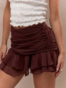 MISSGUIDED Ruched Waist Crinkle Frill Hem Detail Mini Skirt - Coffee Brown - View 3