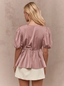 MISSGUIDED 锤纹缎面短款灯笼袖荷叶边上衣 - 粉色 - 查看 2