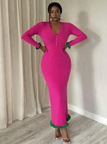 Slaydiva Nuevo vestido largo casual y elegante de mujer con cuello en V, mangas largas, puños y bajo en contraste verde, bajo ancho acanalado y silueta ajustada en color rojo rosa.