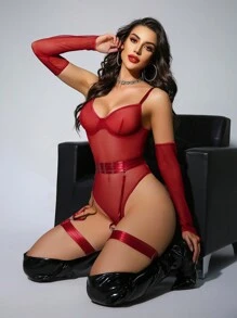 成熟迷人的透明性感连体裤 + 吊袜带 + 吊袜带 + 手套诱人诱人的钢圈女式性感连体裤 - 酒紅色 - 查看 1