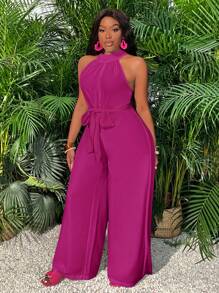 Slaydiva Vacation Green Mock Neck Split Front Pockets Wide Leg Jumpsuit - E