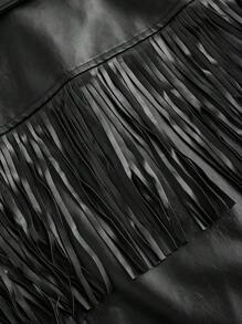 SHEIN BAE 加大码纯色前扣流苏装饰长袖夹克秋季女士夹克 PU 皮夹克适合音乐节派对和高街穿着外出夹克