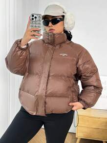 SHEIN EZwear Unisex Plus Size Warm Padded Down& Feathers Jacket, Brown Feather For Winter - Chocolate Brown - View 6