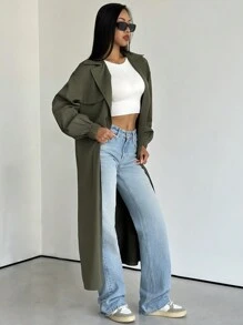 SHEIN Privé 休闲时尚街头宽松灯笼袖纽扣装饰中长款风衣 军绿色 秋冬 - 軍綠色 - 查看 4