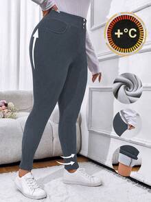 Calvaya 大码女式纽扣腰部口袋设计保暖内衬紧身休闲紧身裤 - 灰色 - 查看 5