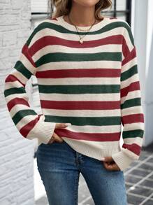 SHEIN LUNE Valentine Day Sweater Women's Round Neck Casual Striped Long Sleeve Sweater In Fall/Winter