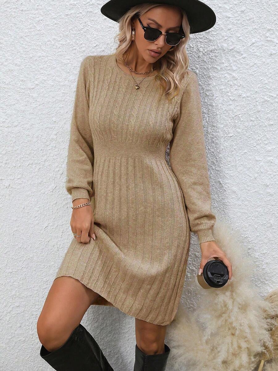 SHEIN LUNE 纯色圆领长袖简约针织毛衣裙，日常休闲穿着 - 卡其色 - 查看 1