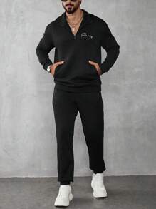 Manfinity Homme Men's Casual Letter Print Sweatshirt And Sweatpants Set - Black - View 7