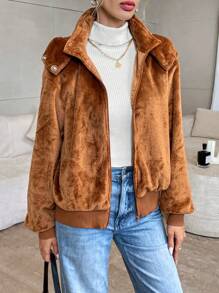 SHEIN Privé Chaqueta con capucha de manga larga y hombros caídos de ajuste holgado, de peluche, para invierno, casual - Café integral - Ver 5