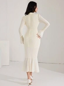 Heiryn 1 pièce Ensemble top à manches longues et robe décontracté mi-longue de couleur unie pour femme, pour une utilisation quotidienne - Beige - Voir 4