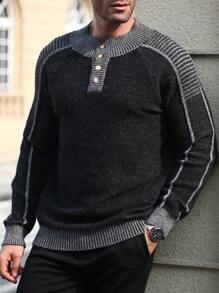 Manfinity Homme Suéter casual de manga larga con botones delanteros y parches de unicolor para hombres